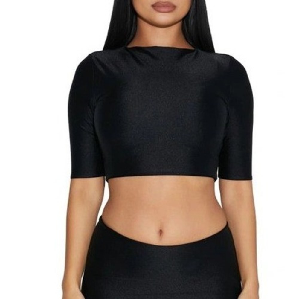 Naked Wardrobe Womens Faux Leather Crop Top Size 1/S Black 1/2 Sleeve High Neck